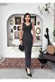 Women's Black Midi Dress with Plaid Pattern, Draped Collar, Draped Straps, Tulle