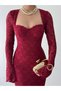 Women's Burgundy Lace Midi Dress with Heart Collar, Long Sleeves, Fitted Fit for Events - 7