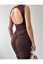 Women's Coffee Color Midi Dress Backless Gathered Sleeveless Slim Fit Diver Fabric - 8