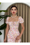 Women's Pink Midi Dress Square Neck Balloon Sleeves Floral Pattern Slit Poplin - 3