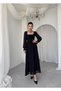 Women's Black Chiffon Corset Tie-Up Square Neck Long Sleeve Long Dress - 6