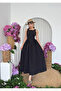 Women's Black Midi Dress Lace-Up Gathered Buttoned Sleeveless Poplin - 4