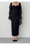 Women's Black Midi Dress with Heart Collar, Gathered Bust Detail, Chiffon Balloon Sleeves - 2