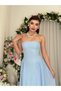 Women's Baby Blue Strapless Midi Dress with Gathered Waist Detail Chiffon Atlas Evening Dress - 2