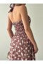 Women's Coffee Floral Patterned Halter Neck Strap Corset Look Midi Dress - 8