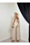 Women's Beige Top and Bottom Set Strapless Draped Blouse and High Waist Wide Leg Pants Set - 4