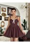 Women's Coffee Mini Dress Polka Dot Atlas Textured Lace-Up Straps Bow A-Line