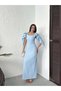 Women's Blue - Blue Maxi Length Square Neck Bow Shoulder Detail Slim Fit Satin Dress