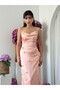 Women's Pink Midi Dress with Straps, Degaje Collar, Floral Applique, Satin - 4
