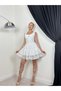 Women's White Mini Dress with Square Collar, Bow Detail, Flared Skirt and Lace Trim