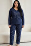 Navy Blue Patterned Embroidered Cotton Lycra Large Size Oversized Knitted Pajama Set26240883 - 2