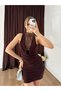 Women's Coffee Color Mini Slim Fit Gathered Lace Detailed High Neck Sleeveless Dress - 3