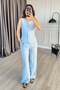 Women's Baby Blue Top and Bottom Set Sleeveless Buttoned Blouse Pants Set High Waist Wide Leg Plain Textured