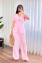 Women's Pink Bottom-Top Set Linen Double Set Single Button V-Neck Lace-Up Wide Leg