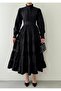Women's Black Midi Dress with Stand Collar, Ruffle Detail, Belted, Buttoned, Lace Trim