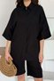 Women's Black Shirt-Shorts Set Shirt Shorts Set Buttoned Shirt Collar Short Sleeve Loose Fit - 4
