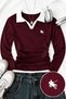 Olos Bordo Premium Polo Collar Ribbed Lycra Embroidered Drawstring Long Sleeve Blouse
