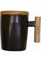 White Ceramic Mug with Beautiful Design, Handle, and Wooden Lid