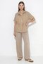 Women's Modal Fabric Stand Collar Cardigan with Stopper Detail and Wide Leg Beige Trousers Set - 2