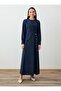 Asymmetrical Closure Detailed Linen Blend Hijab Dress - Navy Blue -