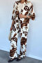 Brown Women's Patterned Kimono Pants Double Set - 5