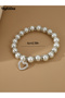 White Pearls and Rhinestone Embellished with Heart Charm Bracelet - 4