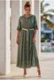 Italian Khaki Shirt Collar 3/4 Sleeve Lined Belted Casual Scalloped Long Woven Dress 130 58