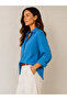 Women's Turquoise Blue Textured Shirt Long Sleeve Buttoned Loose Regular Fit Shirt - - 2