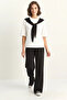 Women's Shawl Detailed Basic T-Shirt Elastic Waist Loose Pants Bottom Top Modal Black White Set - 3
