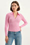 Women's Body-Hugging Half-Zip Ribbed Polo Collar Basic Candy Pink Blouse - 2