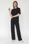Women's Crew Neck Pocket Detailed Relaxed Black Set with Elastic Waist - 4