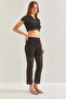 Women's Short Sleeve Openwork Crop Black Top and Bottom Set - 8