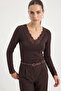 Women's V-Neck Lace Viscose Brown Blouse - 3