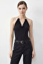 Women's Halter Neck Bodysuit with Accessories and Snap Buttons at the Bottom, Black
