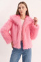 Women's Wide Collar Lined Short Faux Fur Candy Pink Jacket - 5