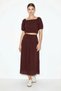 Women's Balloon Sleeve Crop Blouse with Tie Detail Cotton Muslin Skirt Set Yc Plum