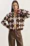 Women's Diamond Patterned Collared Zippered Knitwear Brown Ecru Cardigan - 5