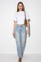 Women's Crew Neck Crop White Blouse with Corsage Stitching Detail - 3