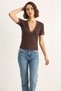 Women's Deep V-Neck Lace Detailed Ribbed Bitter Brown Blouse - 6