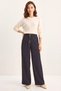 Women's Gold Button Detailed Pleated High Waist Palazzo Navy Blue Trousers - 2