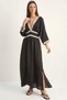 Women's Lace Detailed V-Neck Waist-Slit Muslin Maxi Black Dress - 4