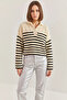 Women's Buttoned Collar Striped Knitwear Beige Black Sweater
