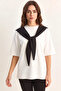 Women's Oversize Basic White Black T-Shirt with Shawl Detail - 3