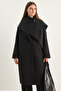 Women's Oversized Black Coat with Flap Collar and Scarf Accessories - 6