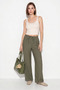 Women's Elastic Waist Tie Pocket Ayrobin Wide Leg Khaki Trousers - 4