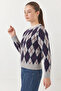 Women's Crew Neck Diamond Patterned Knitwear Gray Navy Blue Sweater - 4