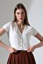 Women's V-Neck Buttoned Short Sleeve Ecru Crop Blouse