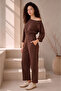 Women's Brown Crop Sweatshirt Boat Neckline Stitching Detail Sweatshirt Elastic Waist Pocket Bottom Modal Fabric Set - 3