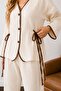 Ecru Brown Ribbed Muslin Long Sleeve Pajama Set with Tie Detail - 4