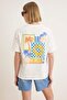 Ekru Ön ve Arka Baskılı Oversize/Geniş Baskılı Uzun Tok %100 Pamuk Örme T-Shirt TWOSS26TS00089 - 4